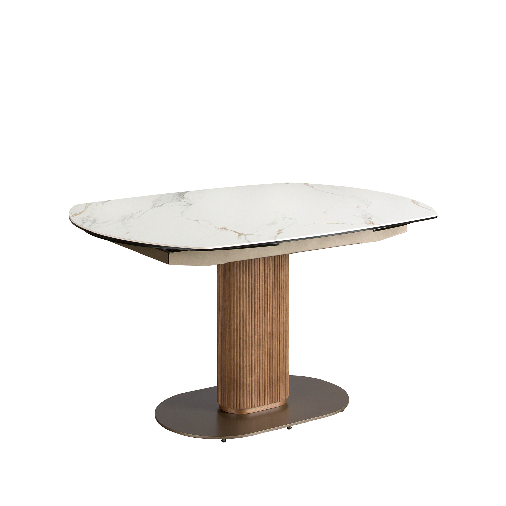 Mesa comedor extensible ovalada barril mármol porcelánico y nogal