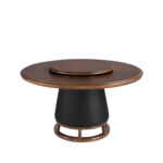 Mesa comedor redonda nogal oscuro y madera tapizada en polipiel