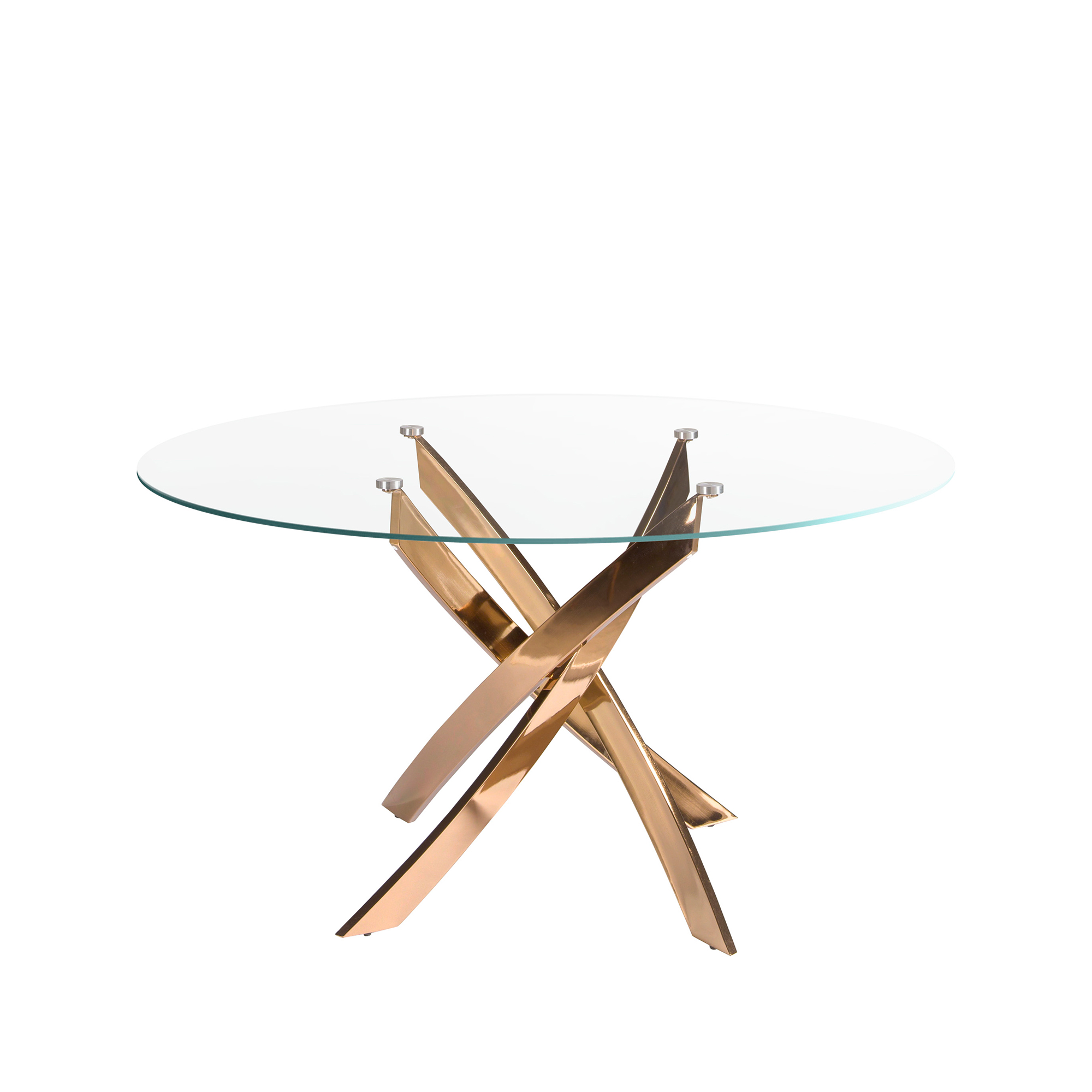 Table de salle à manger ronde en verre trempé et acier rose
