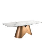 Oval dining table with porcelain marble barrel and bronze-coloured steel barrel
