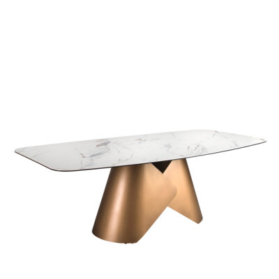 (Español) Mesa comedor ovalada barril mármol porcelánico y acero color bronce dining table - Angel Cerdá
