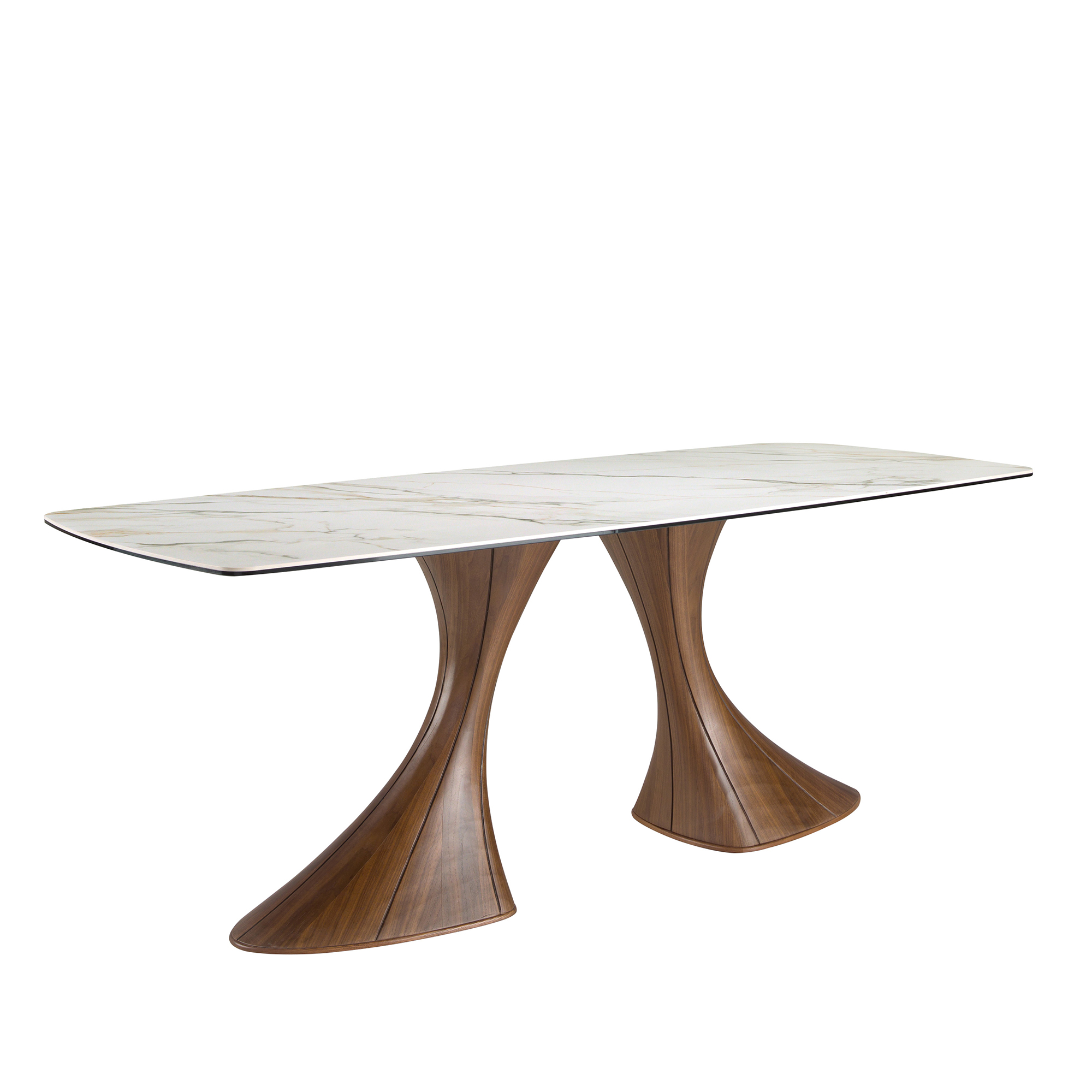 Mesa comedor ovalada barril mármol porcelánico y nogal