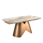 Mesa comedor extensible ovalada barril mármol porcelánico y acero color bronce