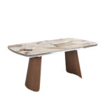 Mesa comedor extensible ovalada barril mármol porcelánico y nogal