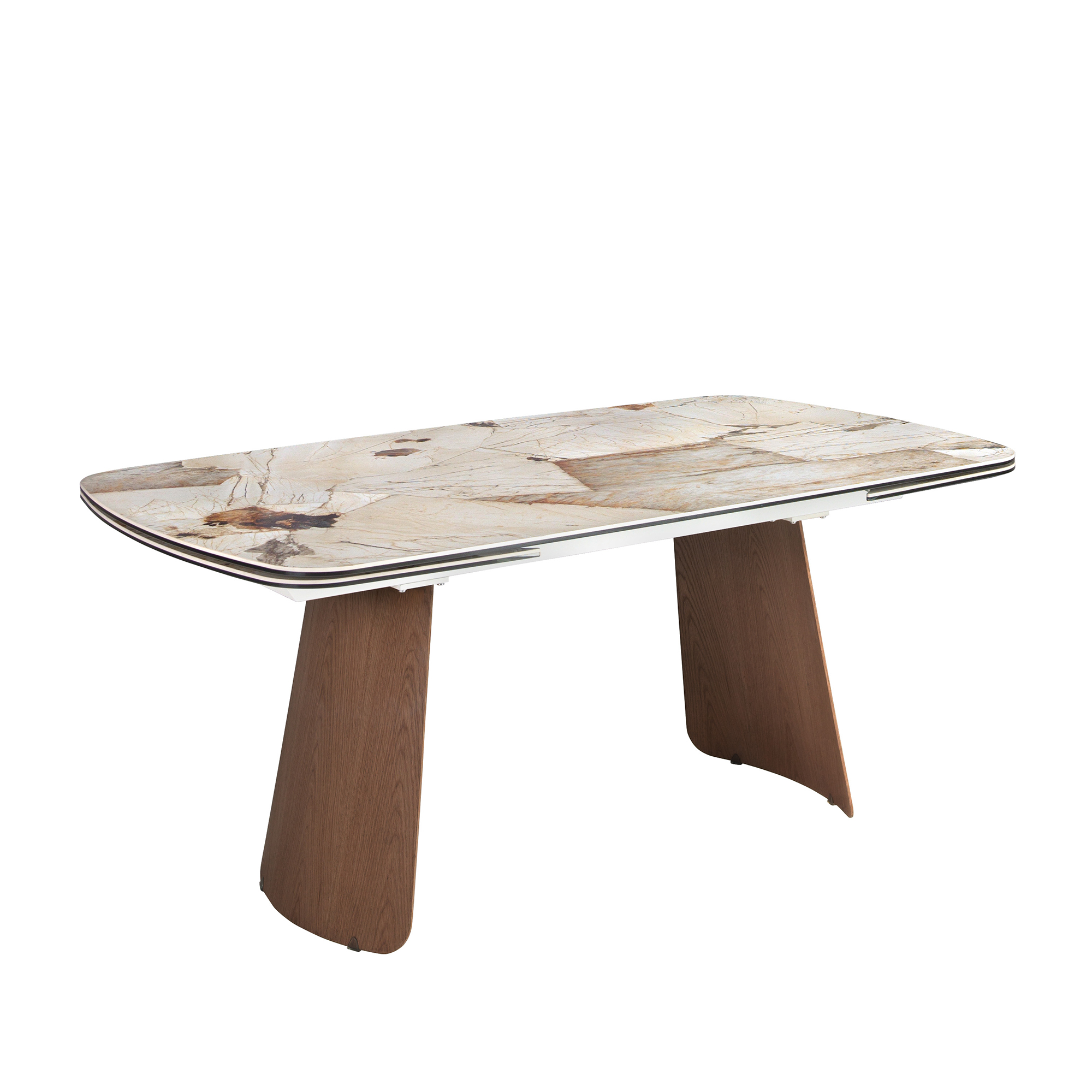 Mesa comedor extensible ovalada barril mármol porcelánico y nogal