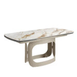 Mesa comedor extensible ovalada barril mármol porcelánico y acero arena metalizado
