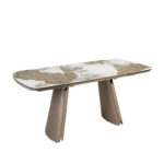 Table à manger ovale extensible en forme de tonneau en marbre céramique et acier taupe métallisé