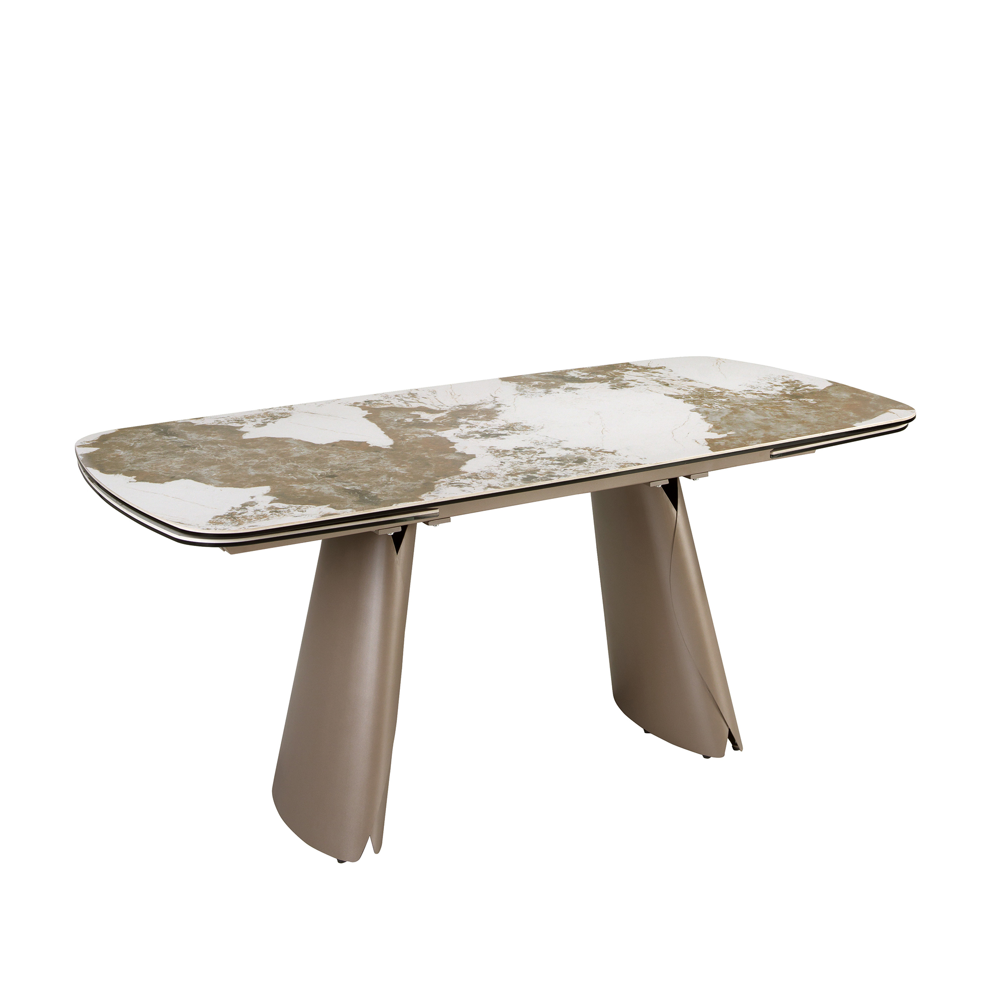 Table à manger ovale extensible en forme de tonneau en marbre céramique et acier taupe métallisé