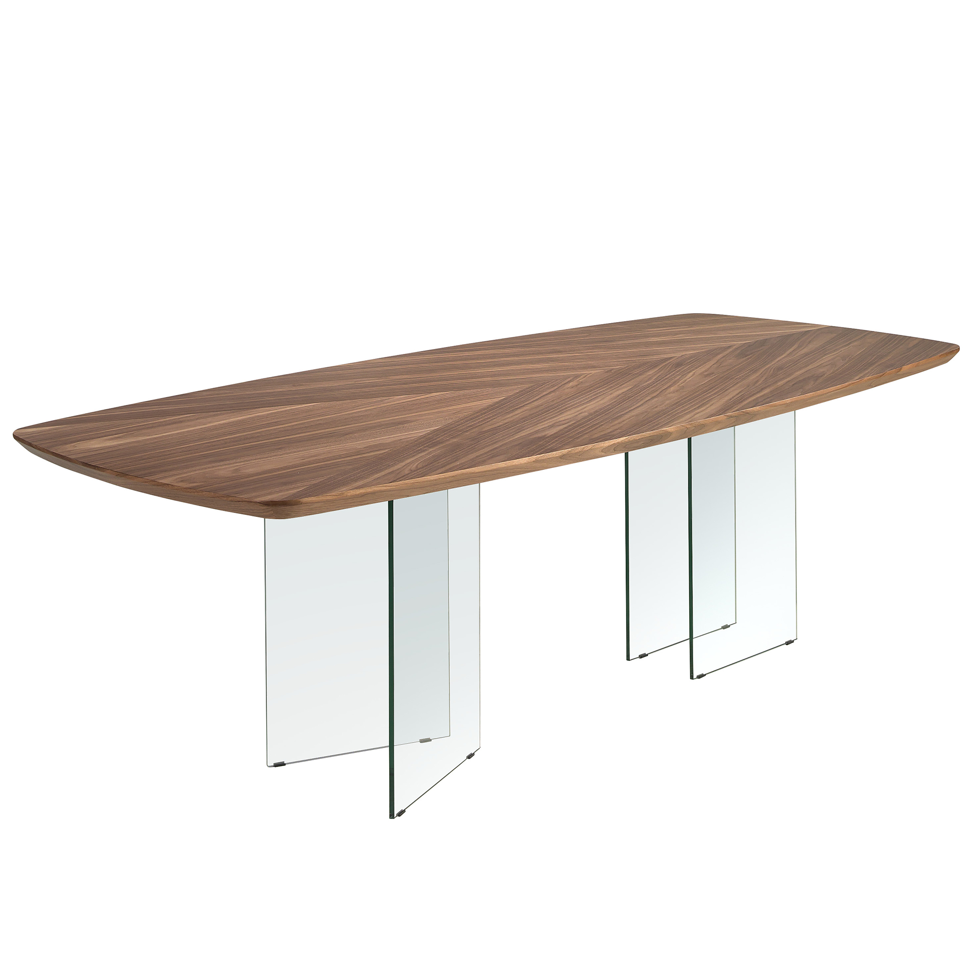 Oval barrel dining table in walnut and tempered glass