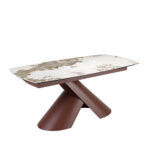 Mesa comedor extensible ovalada barril mármol porcelánico y acero marrón cobrizo
