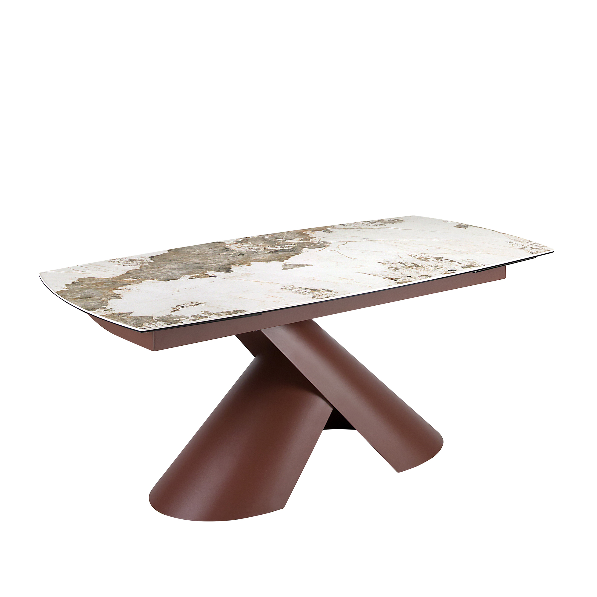 Mesa comedor extensible ovalada barril mármol porcelánico y acero marrón cobrizo