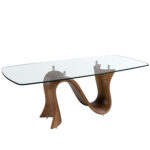 Обеденный стол овальной формы «бочка» из закалённого стекла и ореха