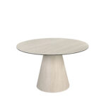 Table à manger ronde en marbre céramique et bois revêtu d’une feuille flexible de marbre céramique