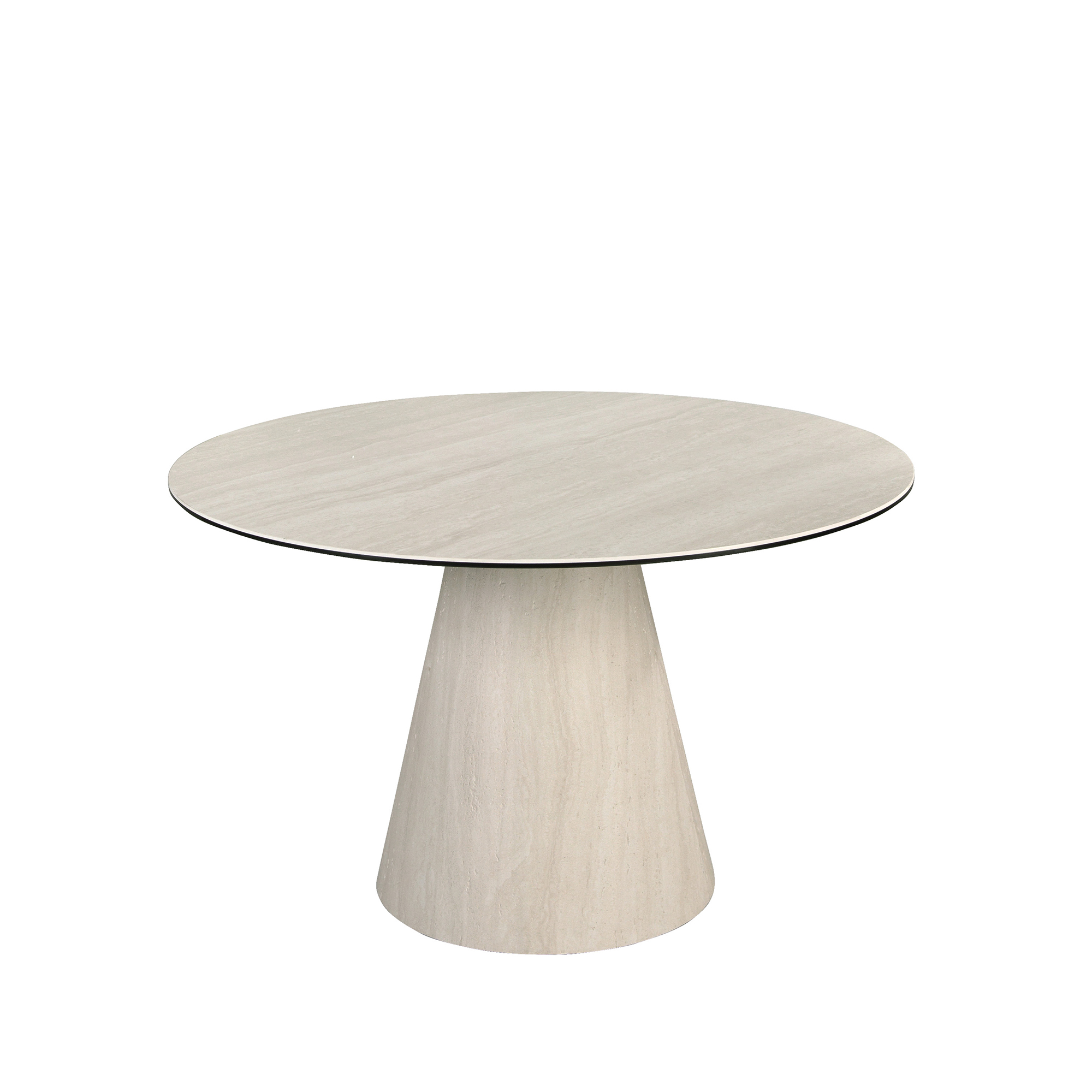 Table à manger ronde en marbre céramique et bois revêtu d’une feuille flexible de marbre céramique