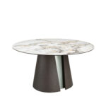 Mesa comedor redonda mármol porcelánico, roble ceniza oscuro y madera color plata