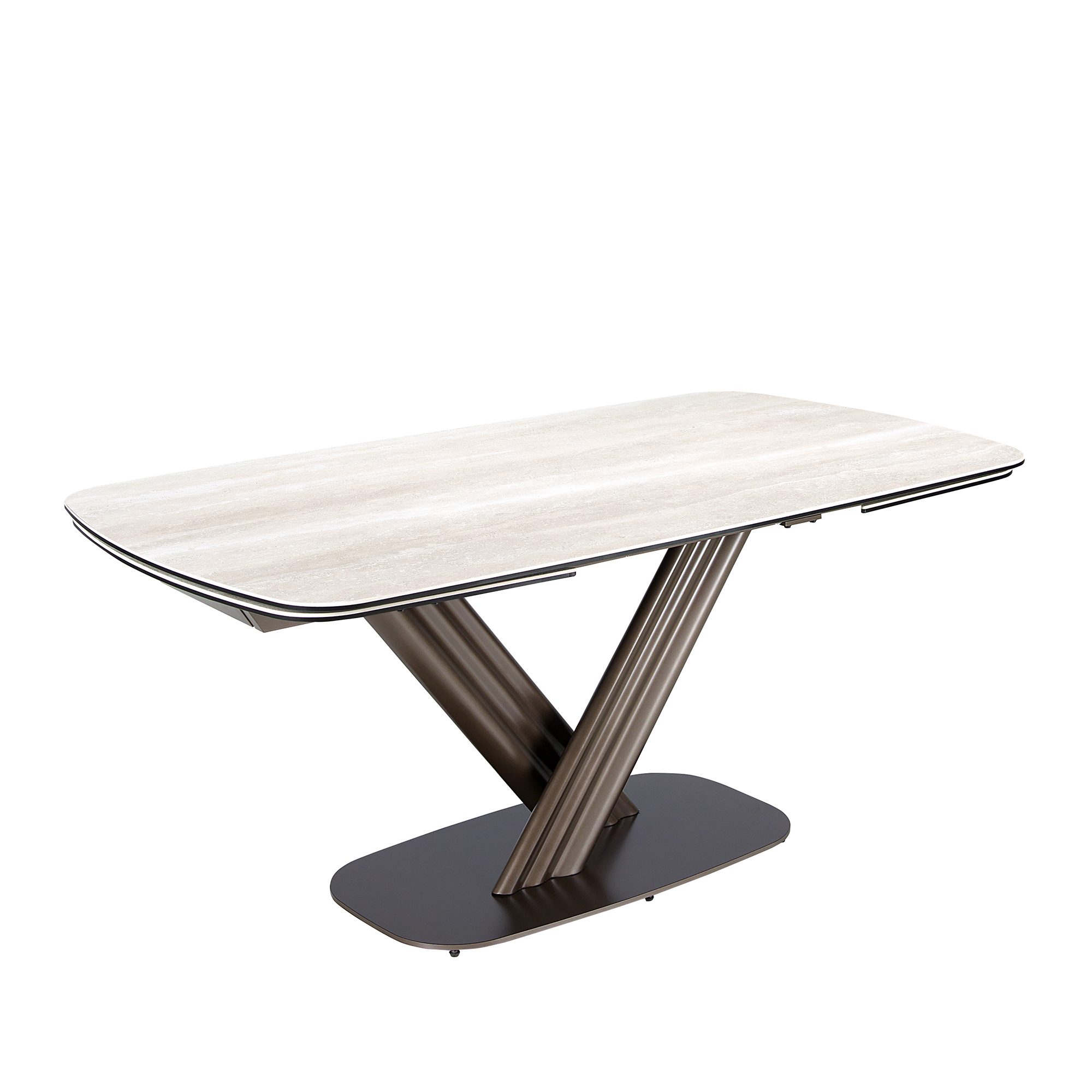 Mesa comedor extensible ovalada barril mármol porcelánico y acero color marrón oscuro metalizado