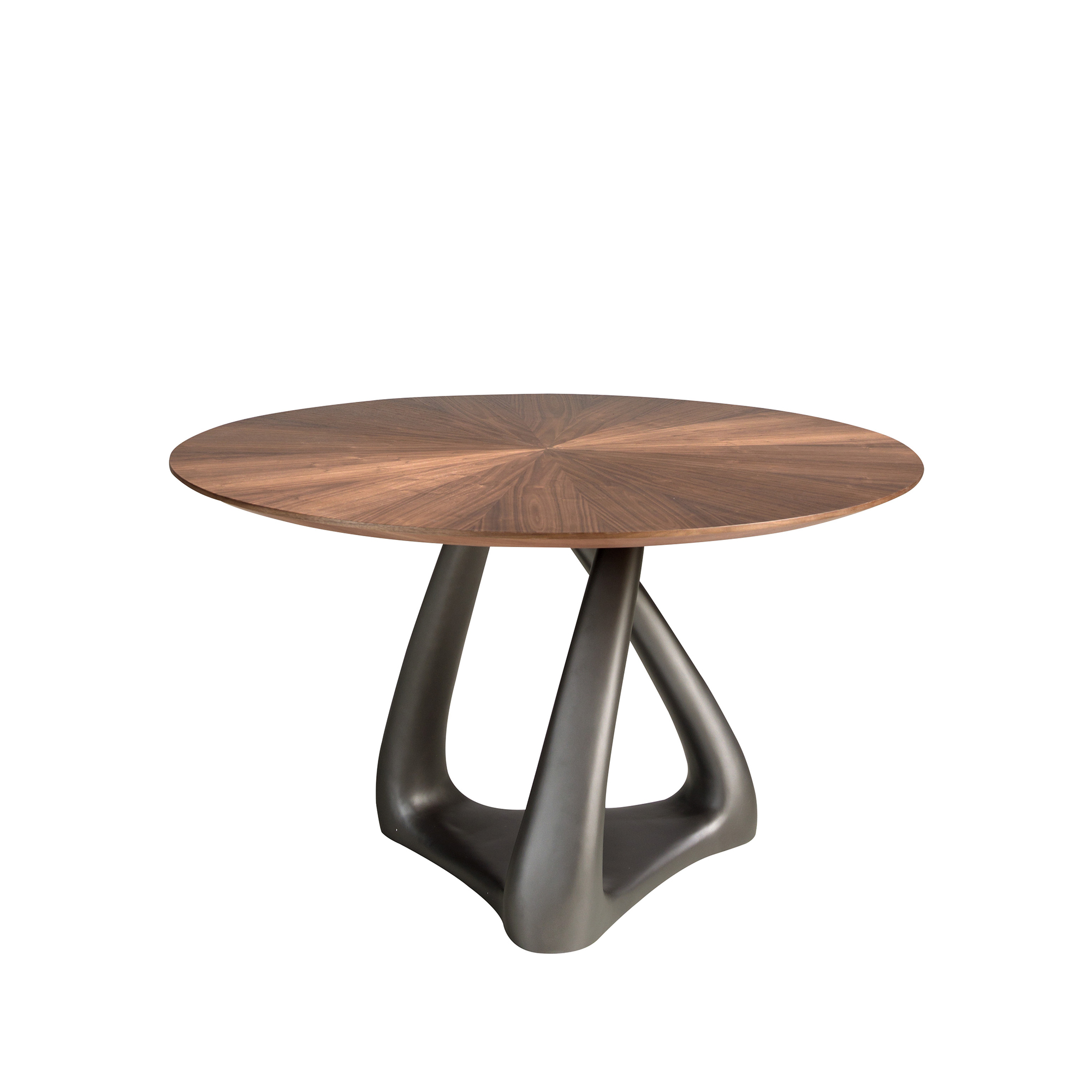 Mesa comedor redonda nogal y fibra vidrio gris oscuro metal