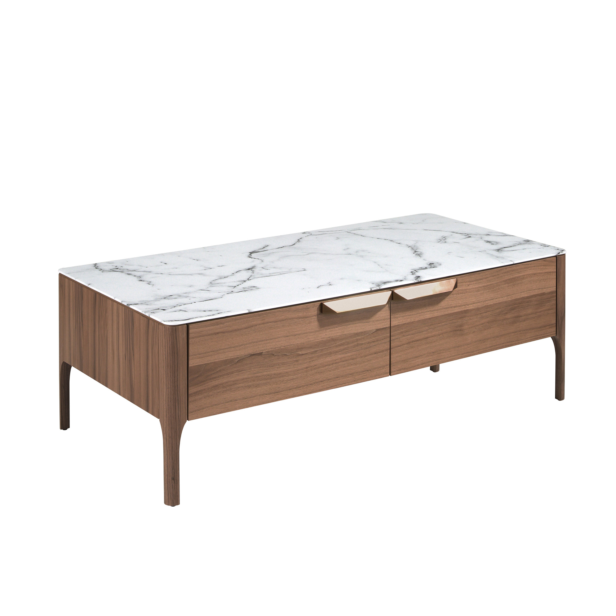 Rectangular glass coffee table imitating marble and walnut
