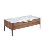 Rectangular glass coffee table imitating marble and walnut