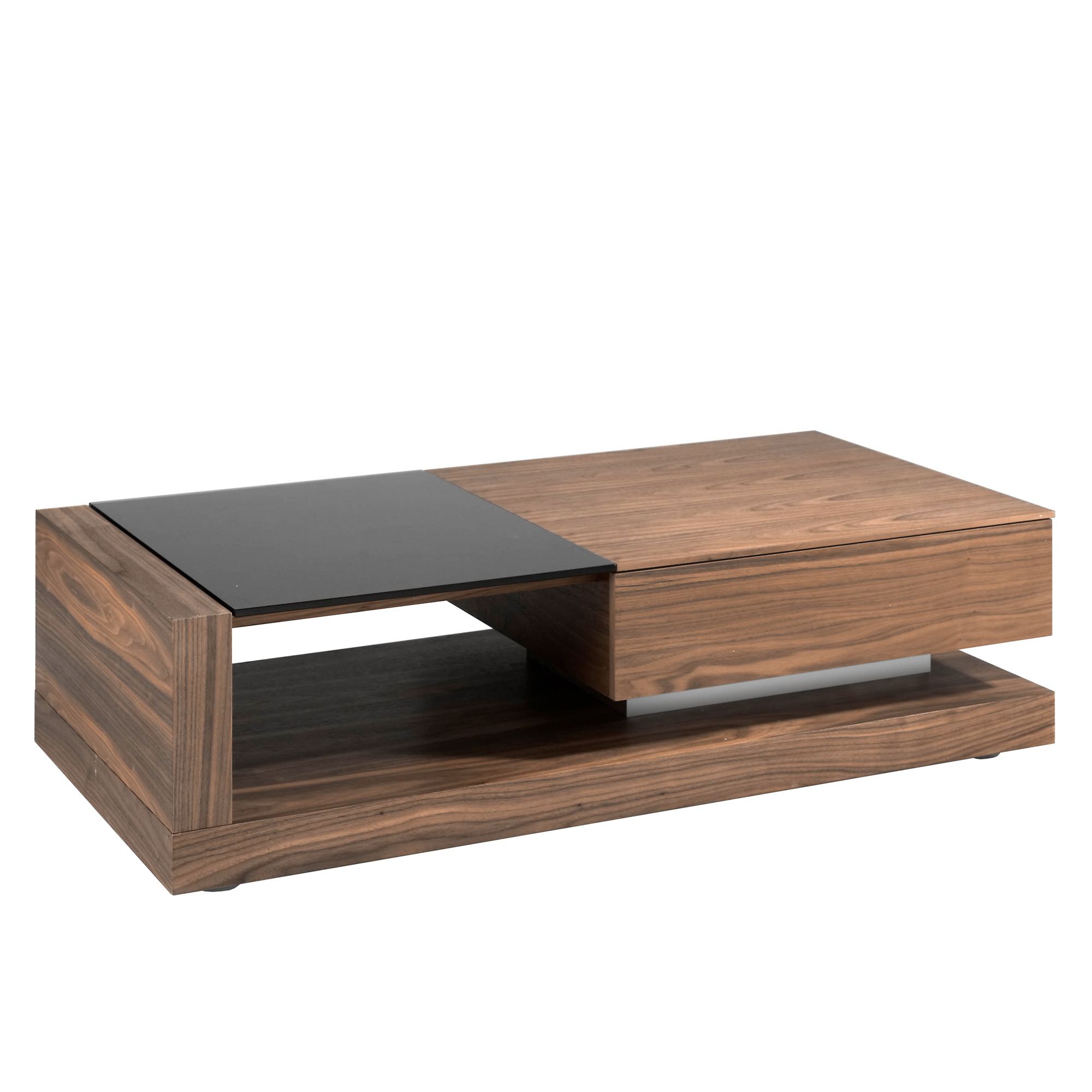 (Español) Mesa centro de madera Nogal y cristal tintado negro con cajón