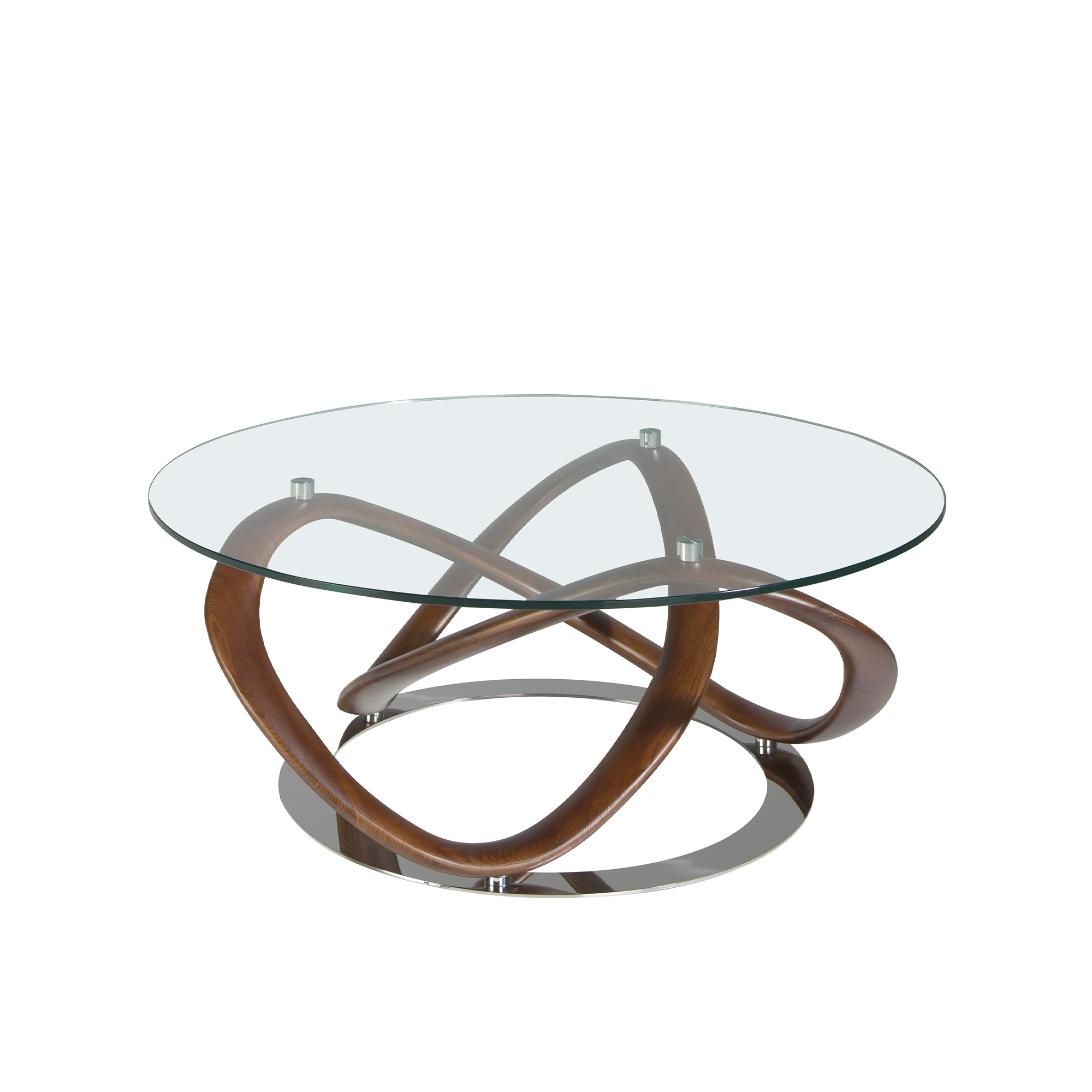Table basse ronde en verre trempé et bois massif de noyer