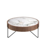 Round coffee table in porcelain marble, walnut and black steel