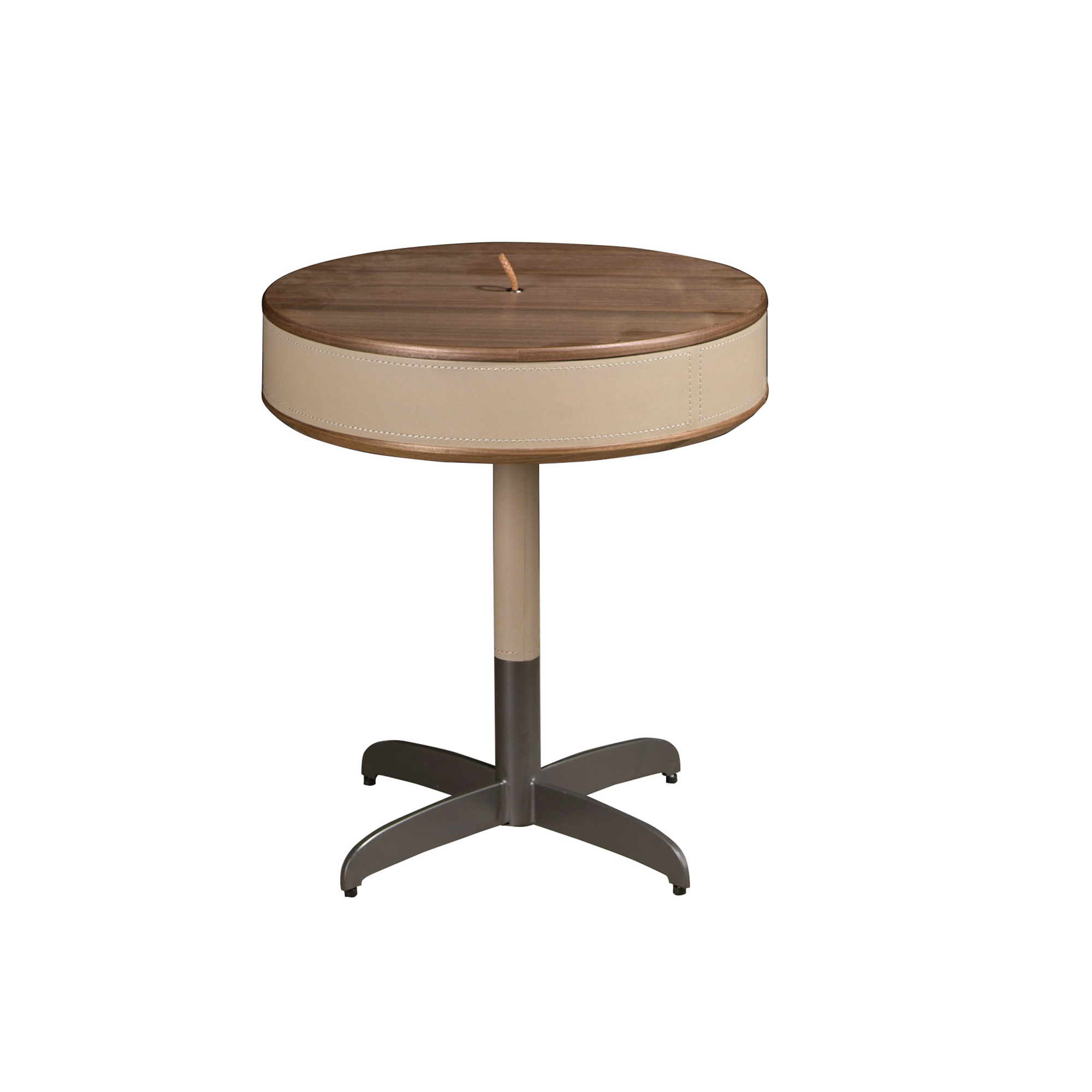 Round corner table leather, walnut and grey steel