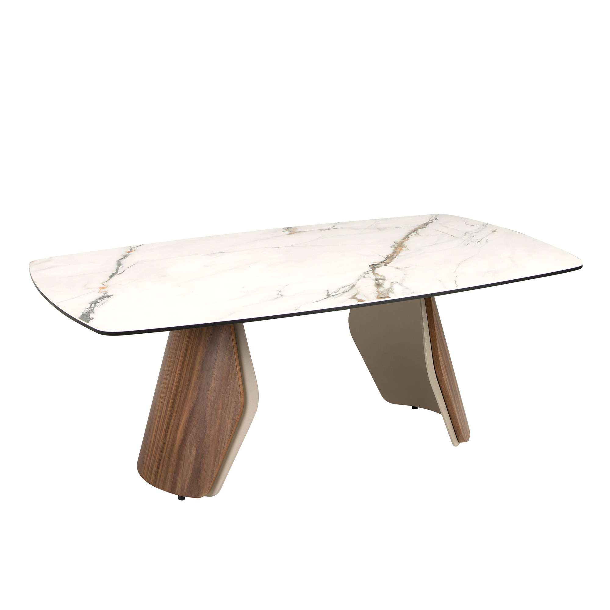 Table basse ovale en marbre porcelainé, acier sable métallisé et noyer