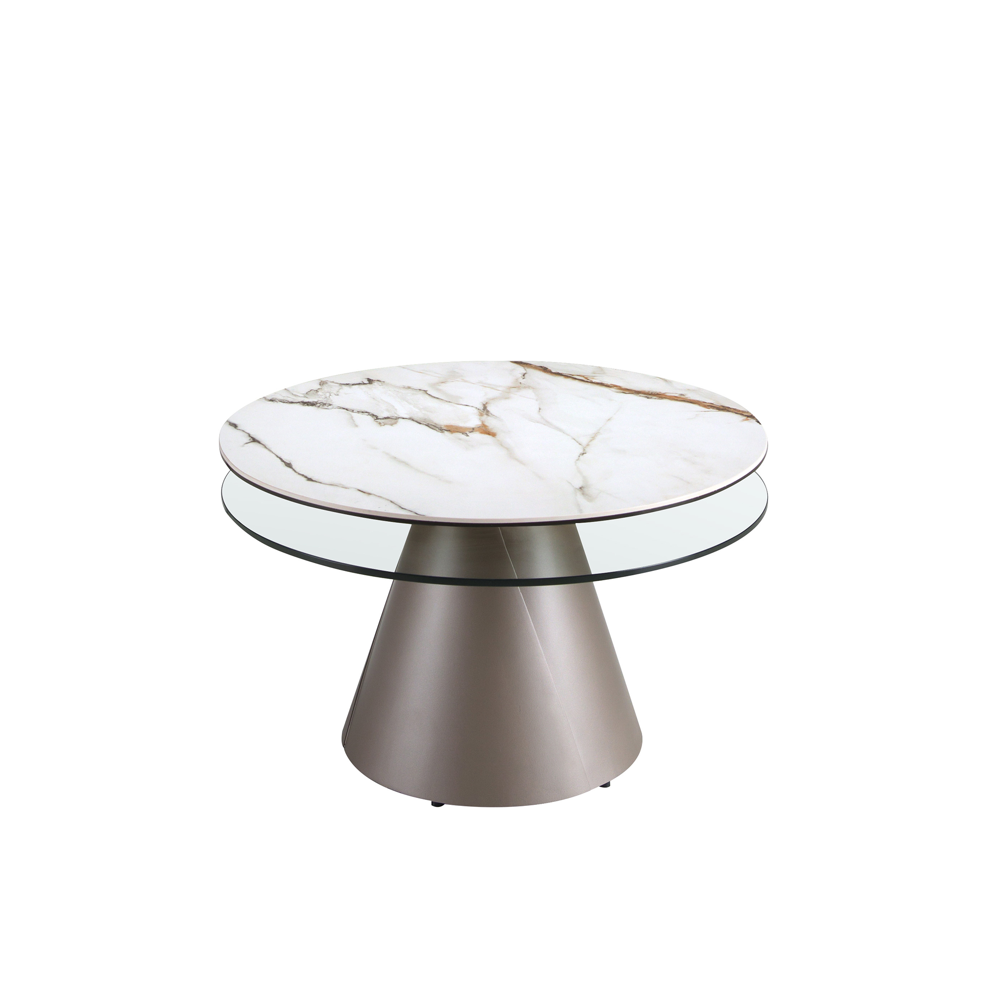 Table basse extensible ronde en verre trempé, marbre céramique et acier gris argenté Table basse extensible ronde en verre trempé, marbre céramique et acier gris argenté