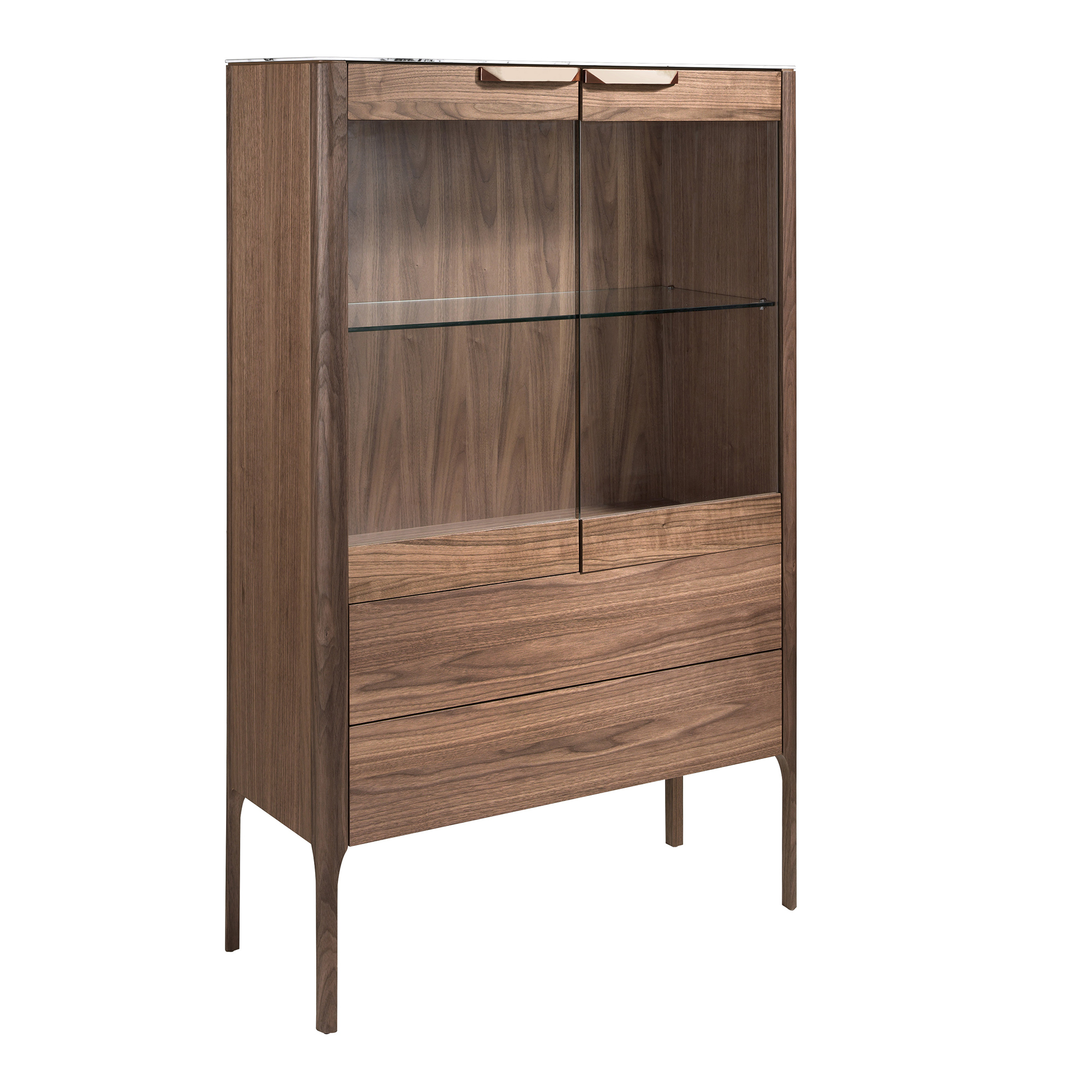 Credenza alta in noce con piano in vetro finto marmo e illuminazione interna