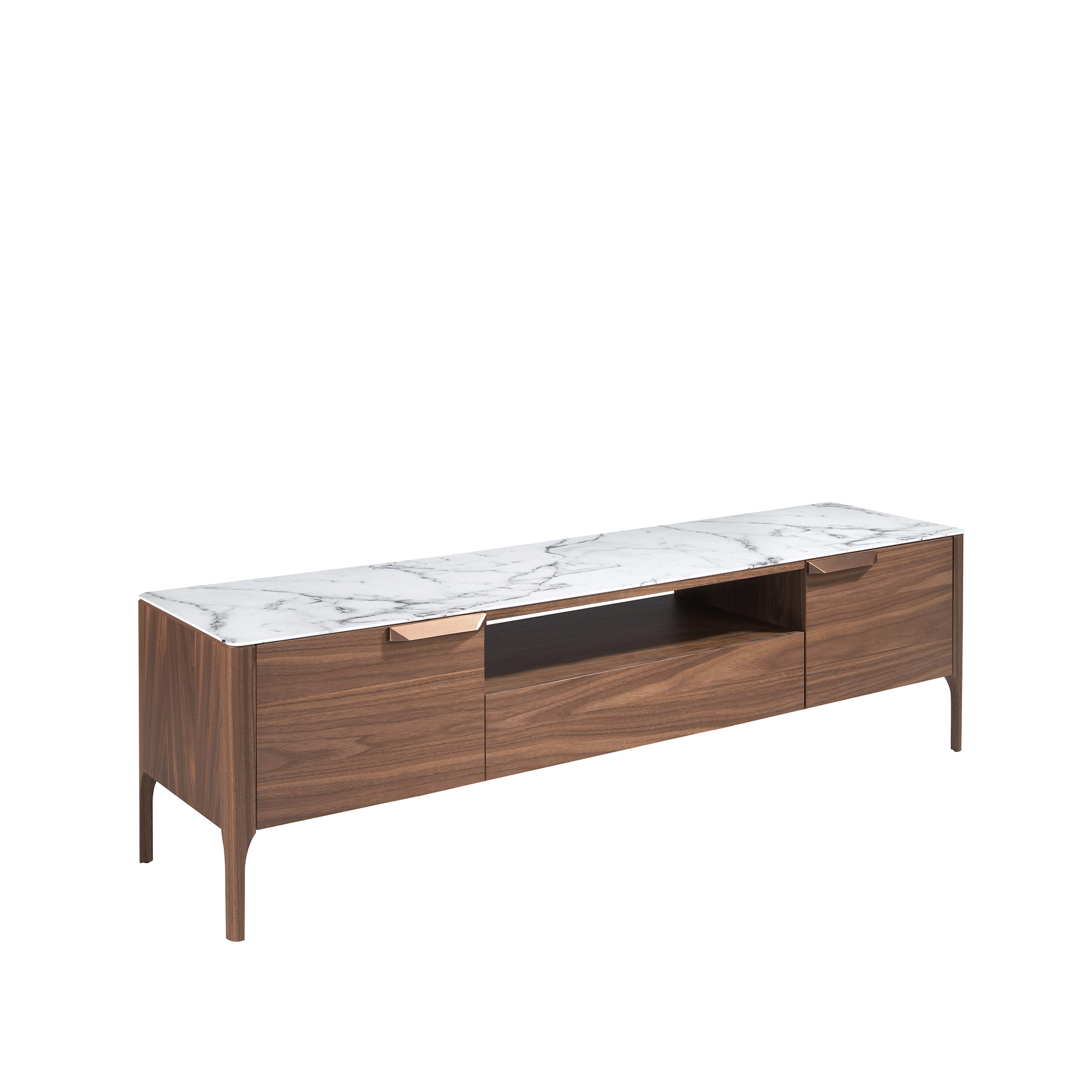 Meuble TV en noyer avec plateau en verre imitation marbre Meuble TV en noyer avec plateau en verre imitation marbre
