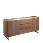 Credenza in noce e acciaio metallizzato scuro con piano in marmo porcellanato