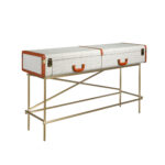 Rechteckiger Konsolentisch, Stoff, Nussbaum und polierter Goldstahl