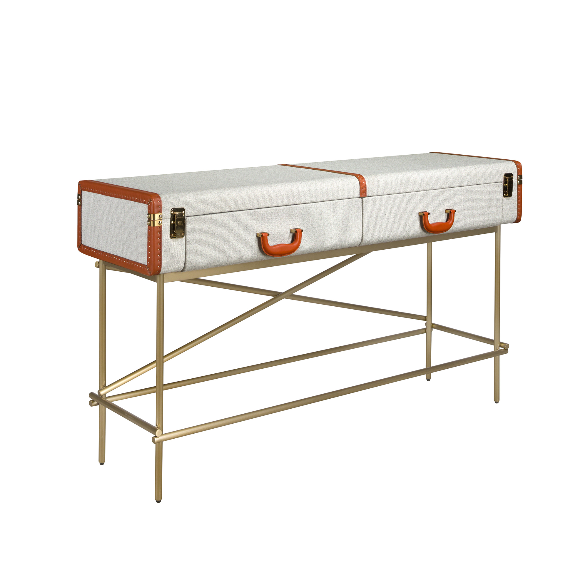 Rechteckiger Konsolentisch, Stoff, Nussbaum und polierter Goldstahl