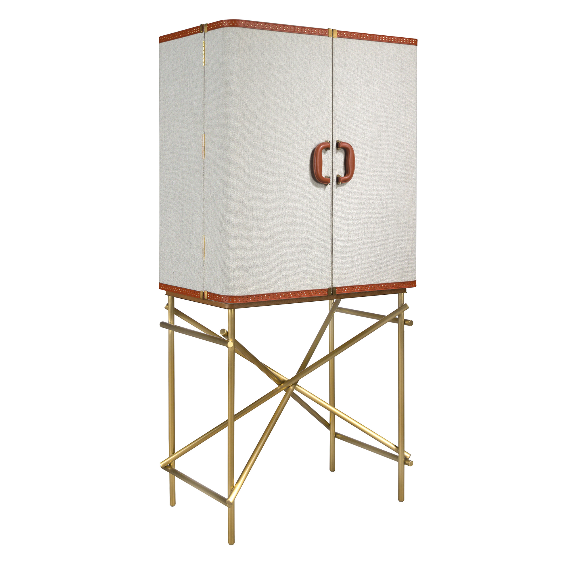 Großes Sideboard, Stoff, Nussbaum und goldfarbener polierter Stahl