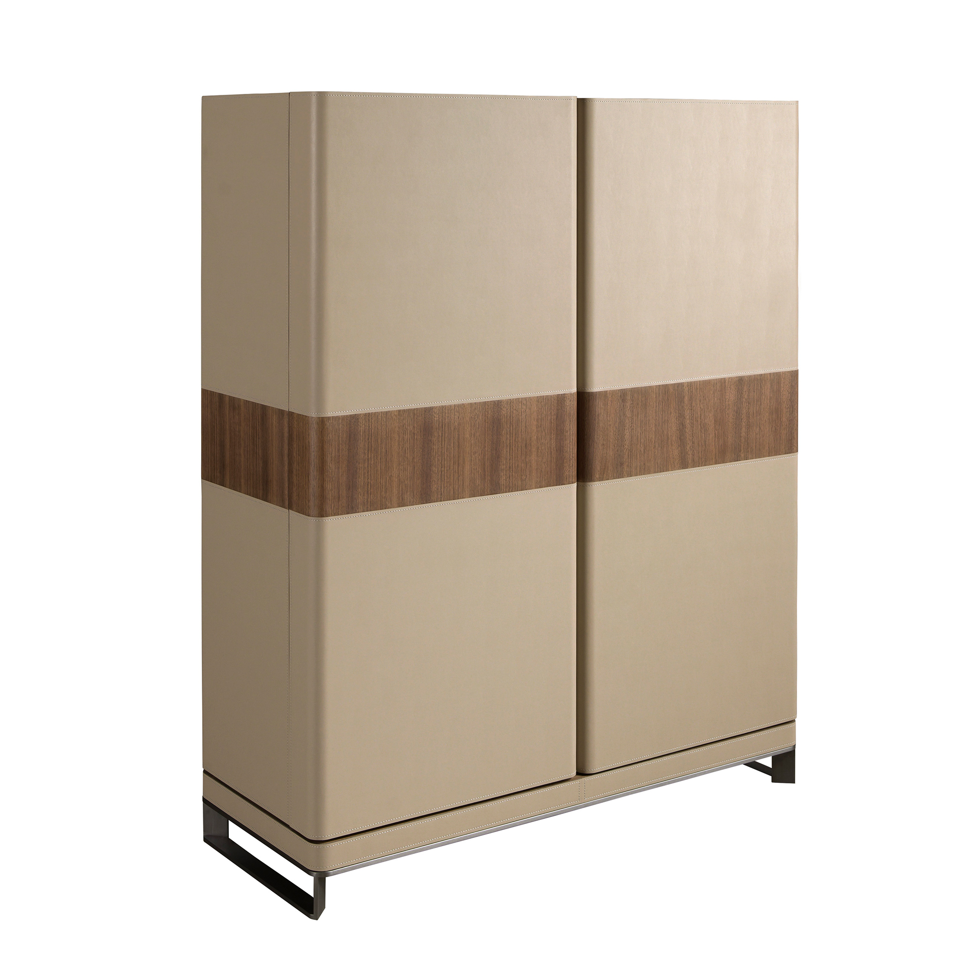 High sideboard leather, walnut and polished steel