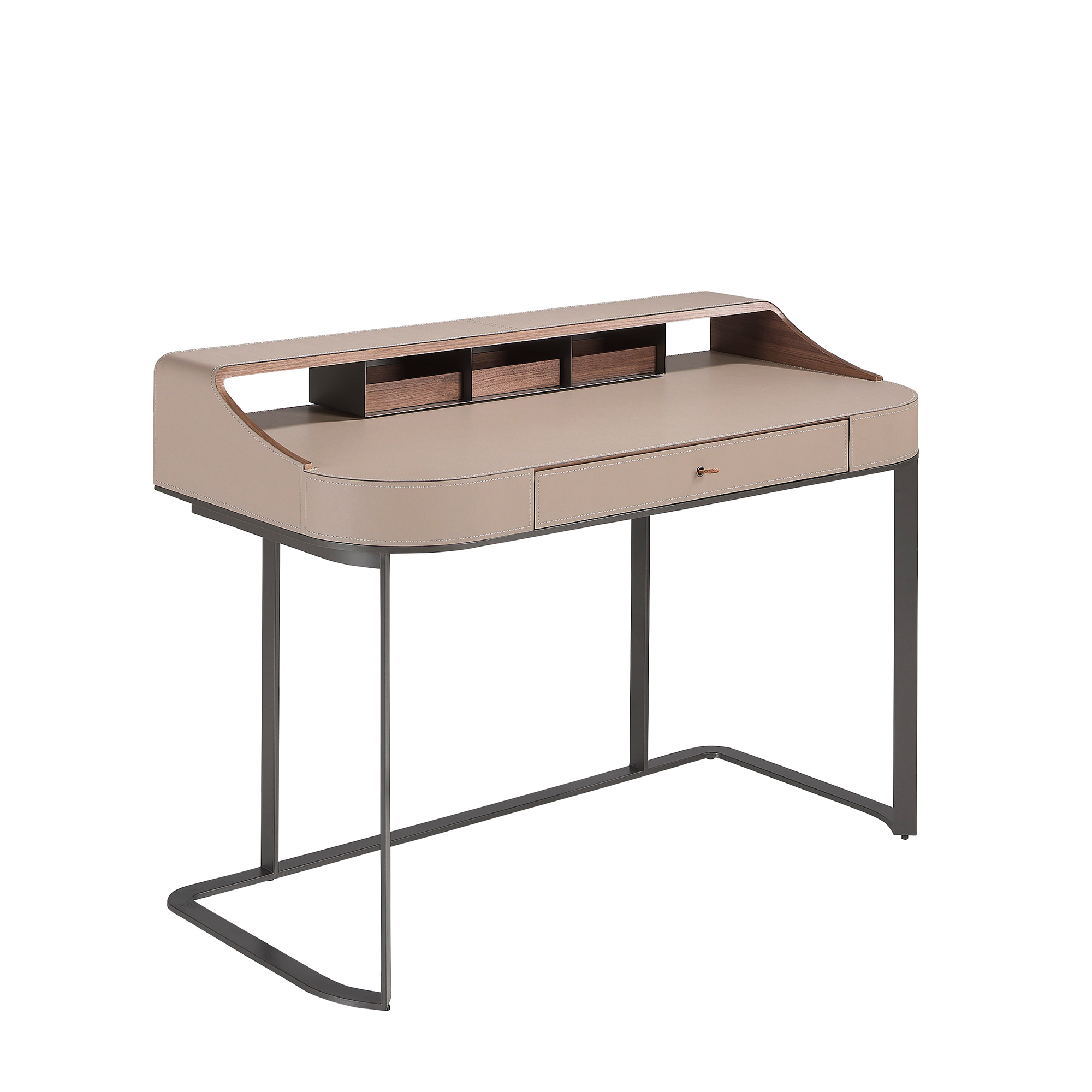 Coiffeuse en similicuir, noyer et acier gris