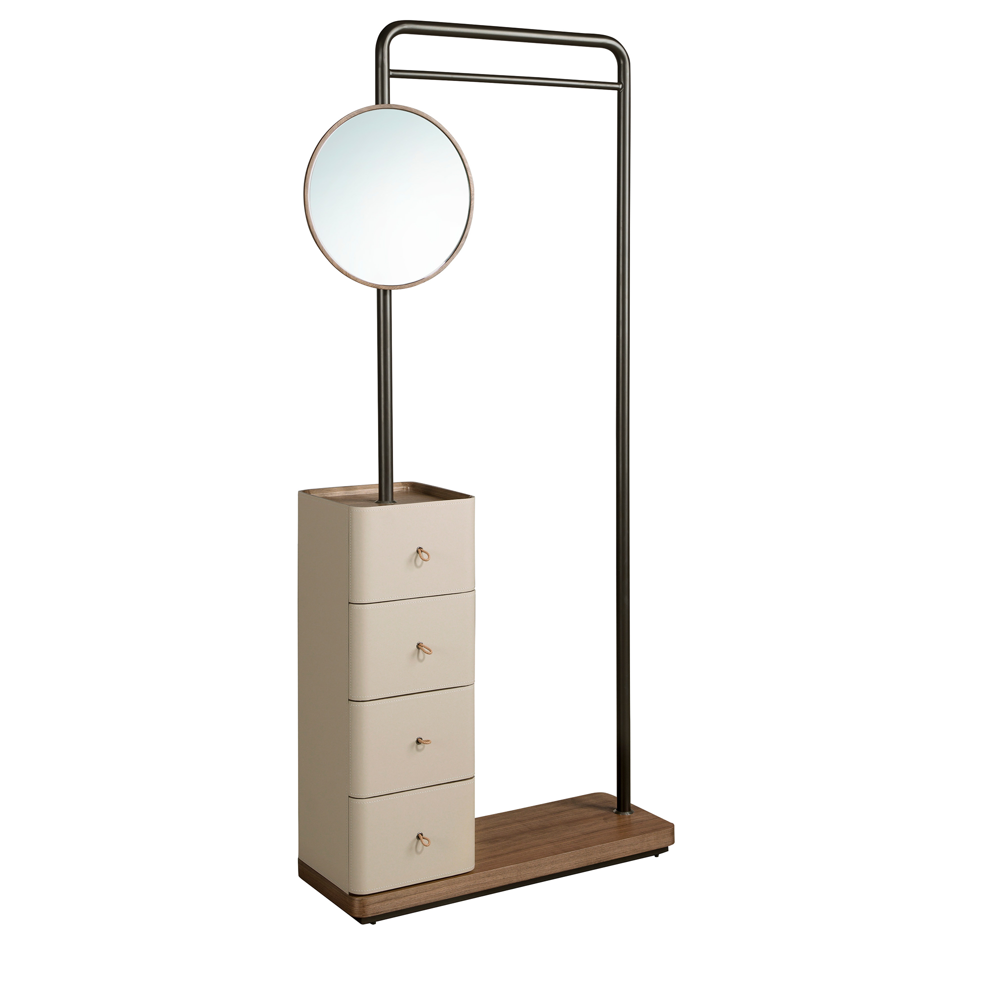 Mink leather, walnut and black steel coat rack with mirror