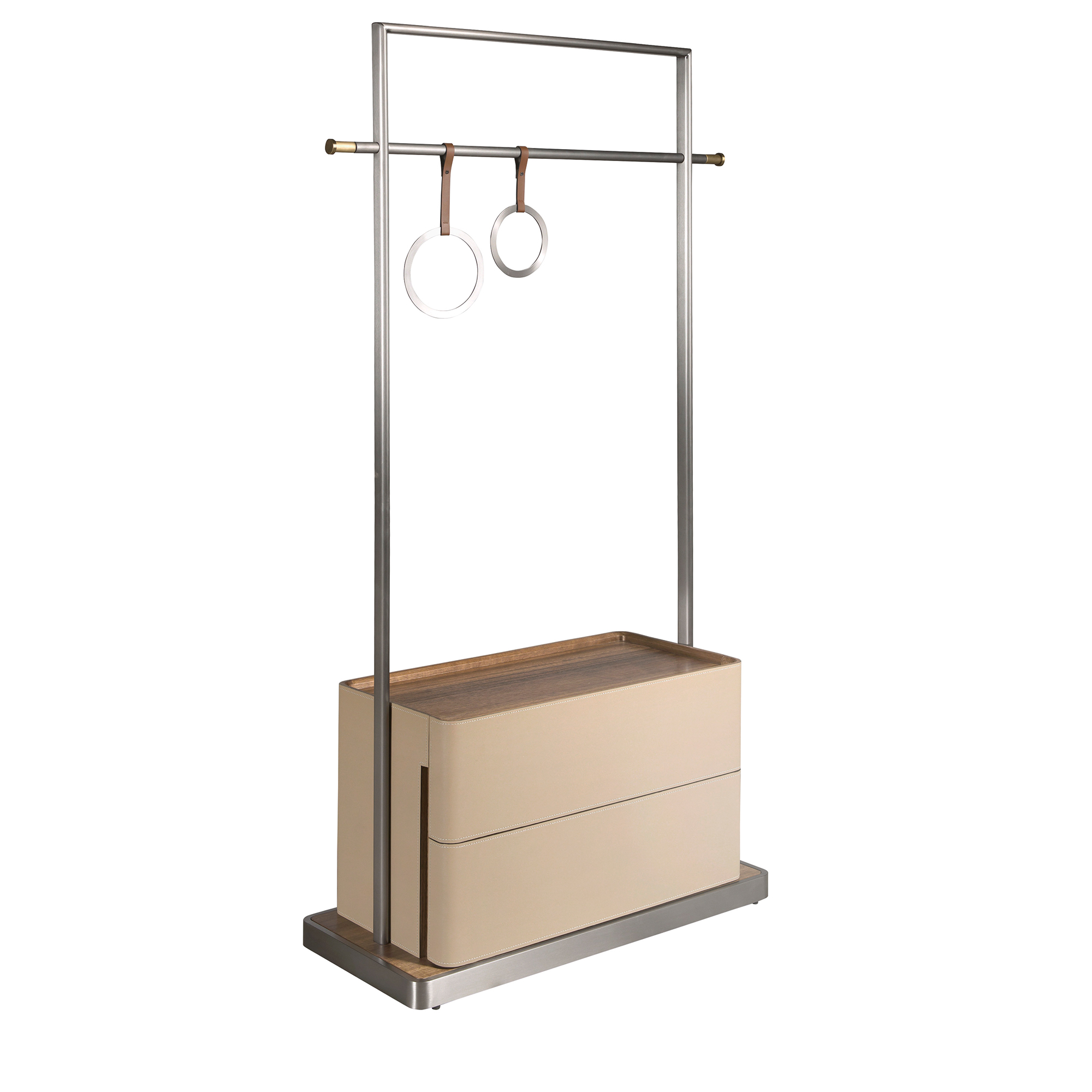 Mink leather, walnut and stainless steel coat rack