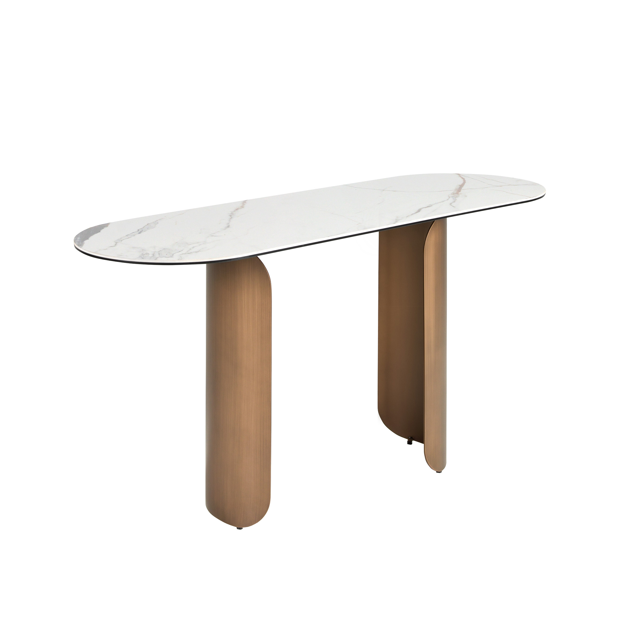 Console ovale en demi-cercle en marbre porcelainé et acier couleur bronze