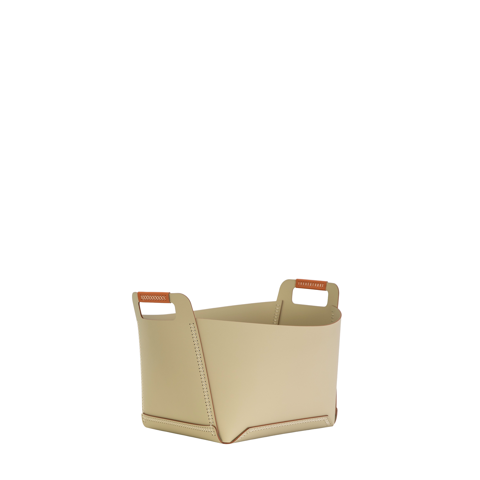 Cesta contenitore decorativa rettangolare in pelle rigenerata color sabbia con maniglie