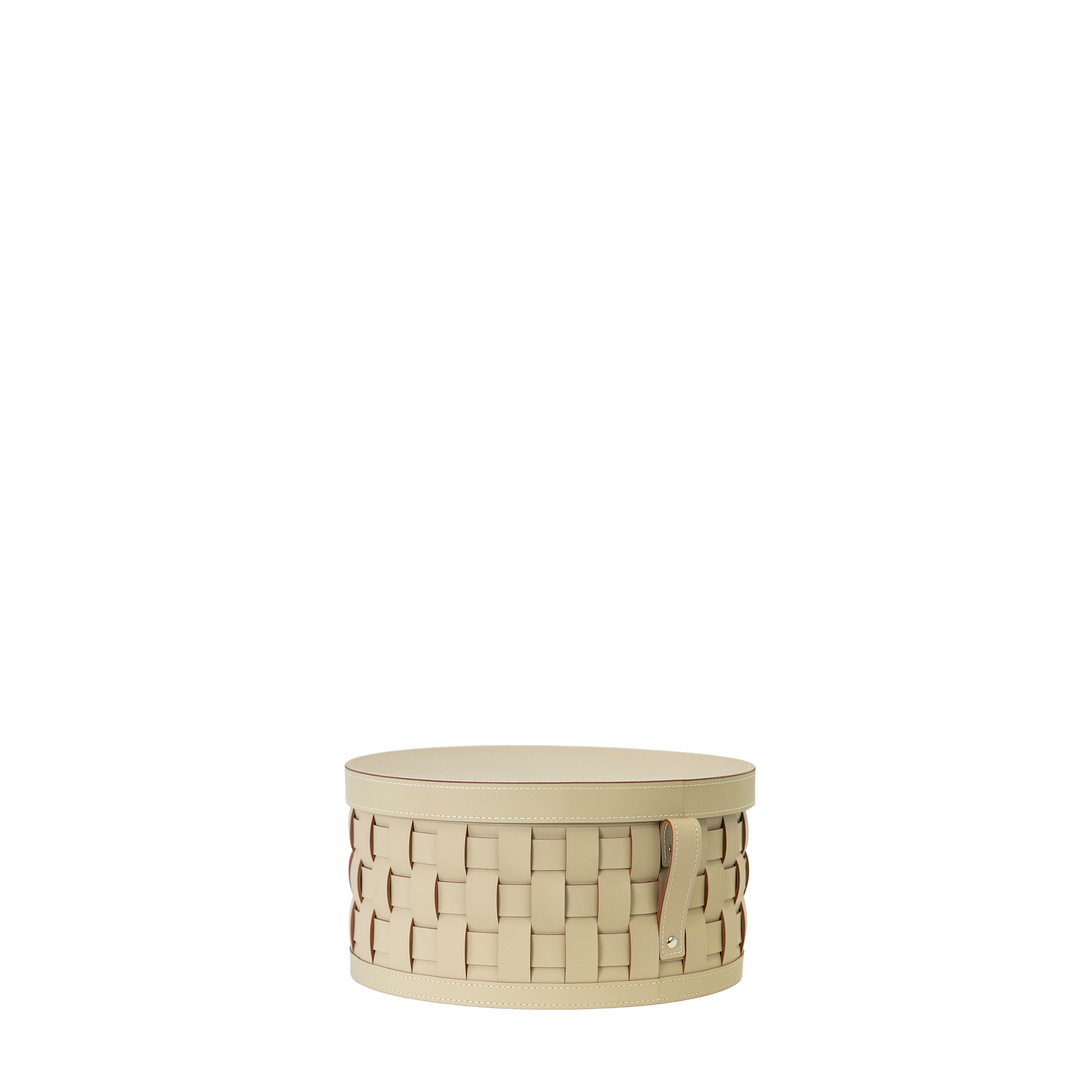 Cesto portaoggetti decorativo rotondo in pelle rigenerata color sabbia con coperchio