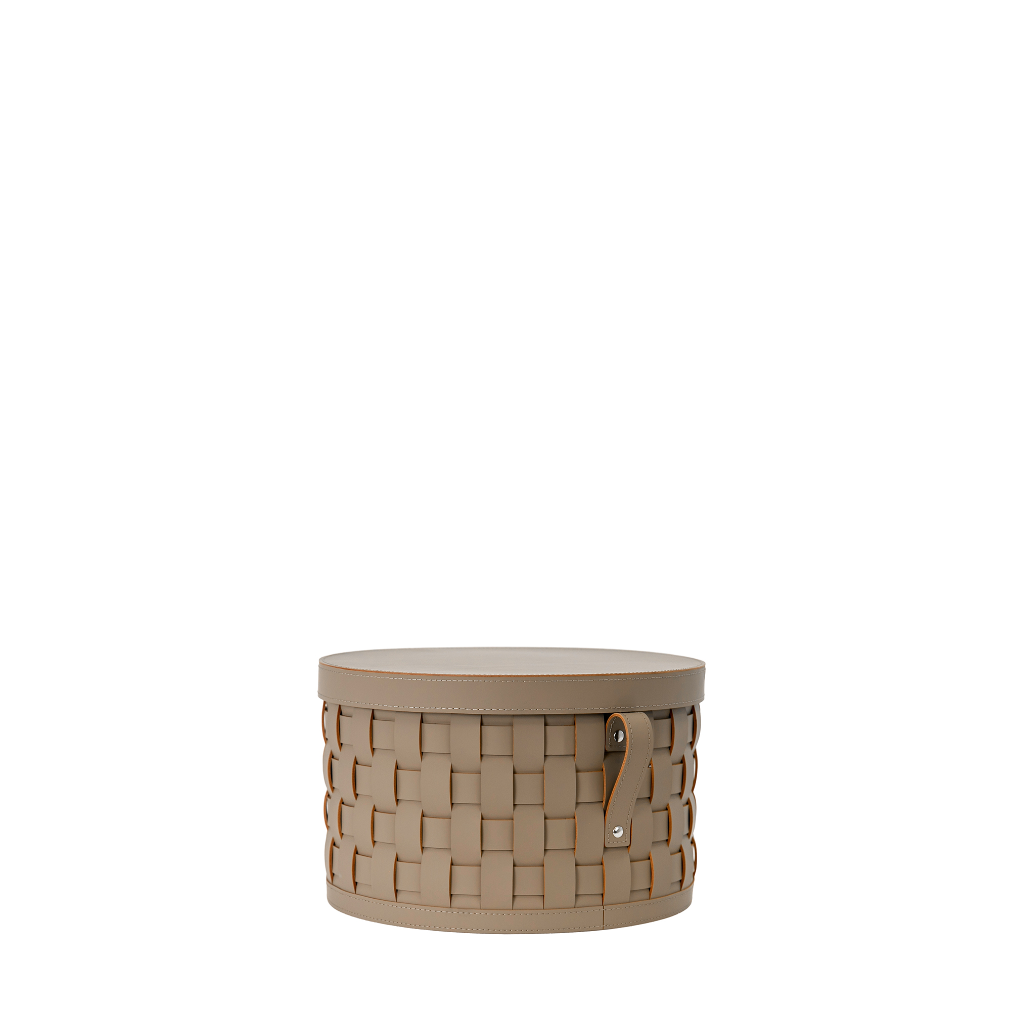 Cesto portaoggetti decorativo rotondo in pelle rigenerata color visone scuro con coperchio