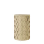 Cesto portaoggetti decorativo cilindrico in pelle rigenerata color sabbia con coperchio