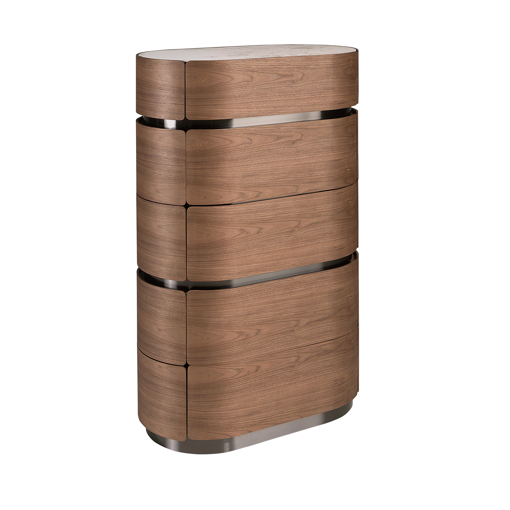 Chiffonnier en noyer avec base en acier foncé et plateau en marbre céramique