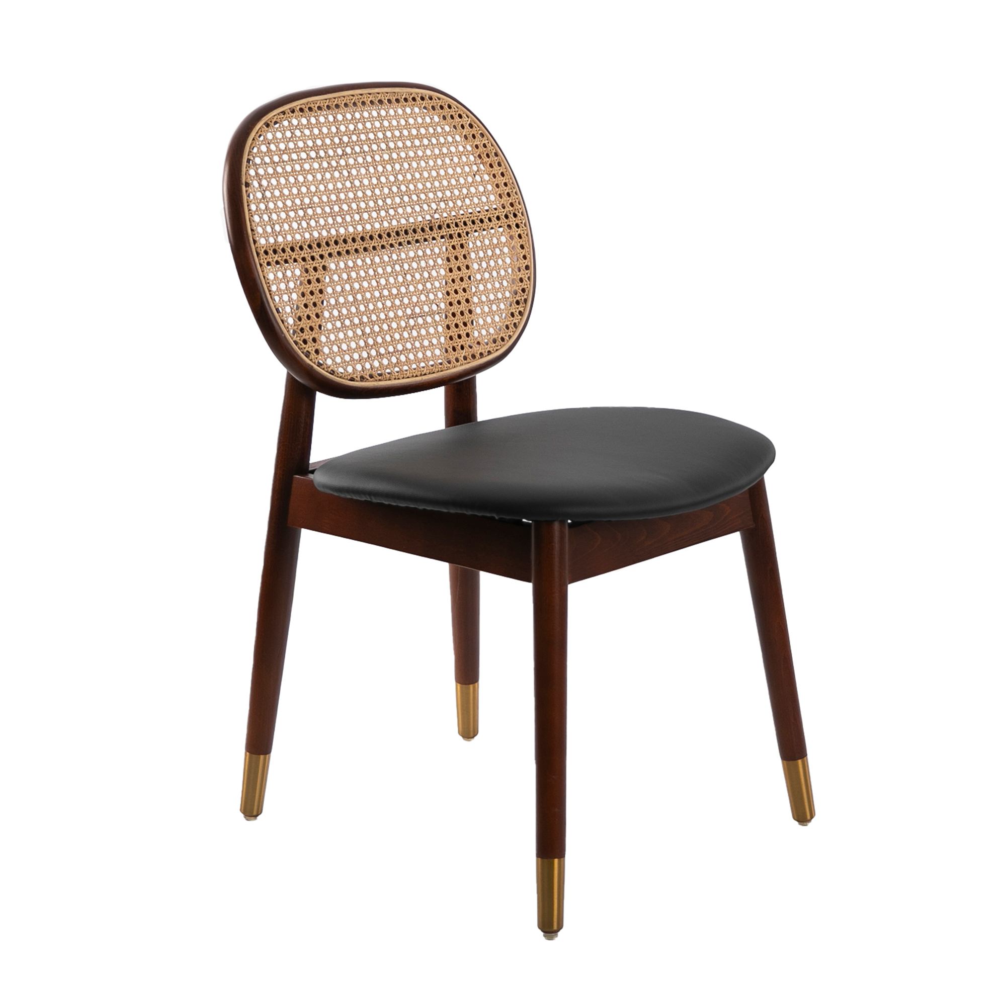 Stuhl aus Kunstleder mit Rattan-Rückenlehne und Beinen aus Walnussholz