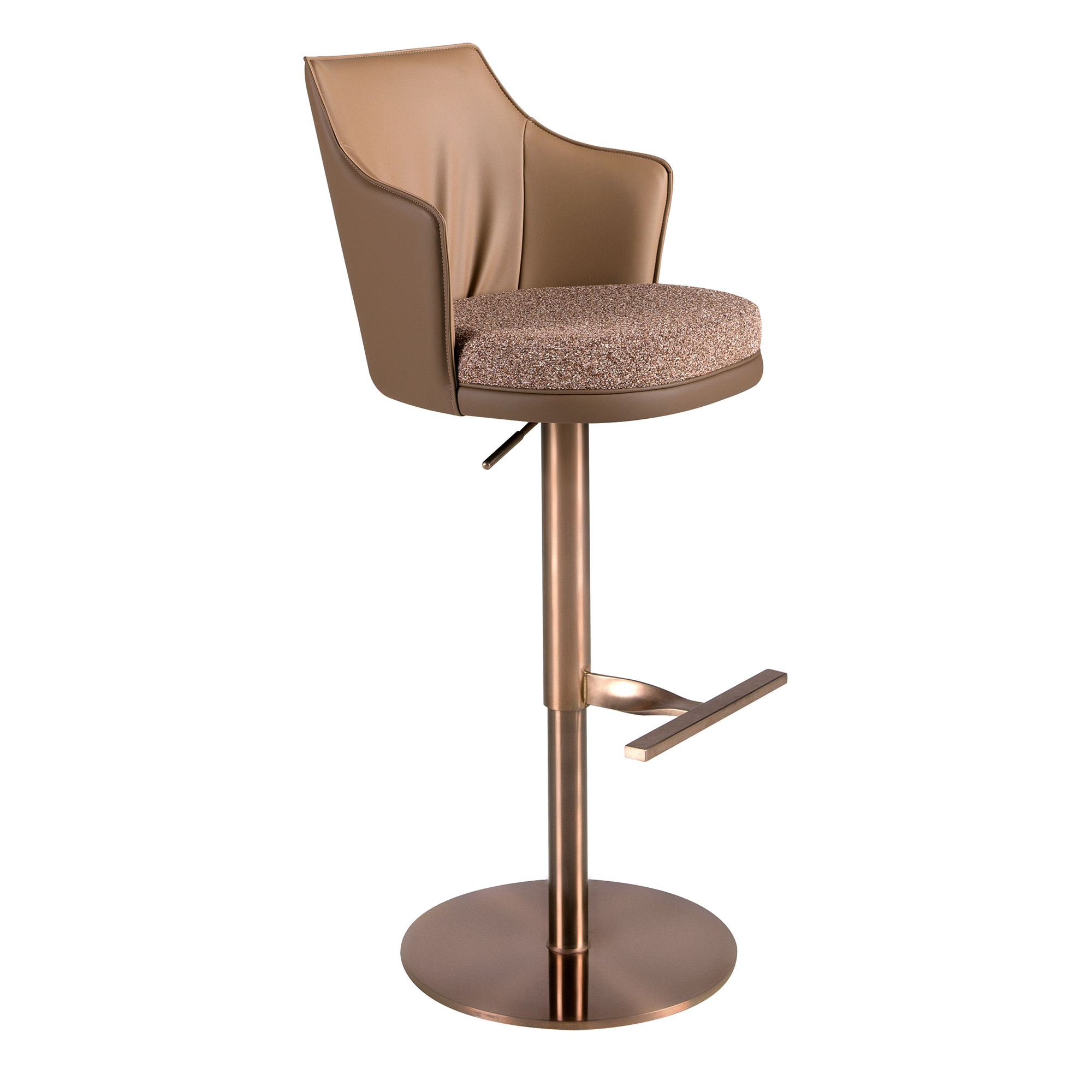Sgabello girevole in tessuto marrone screziato e similpelle marrone