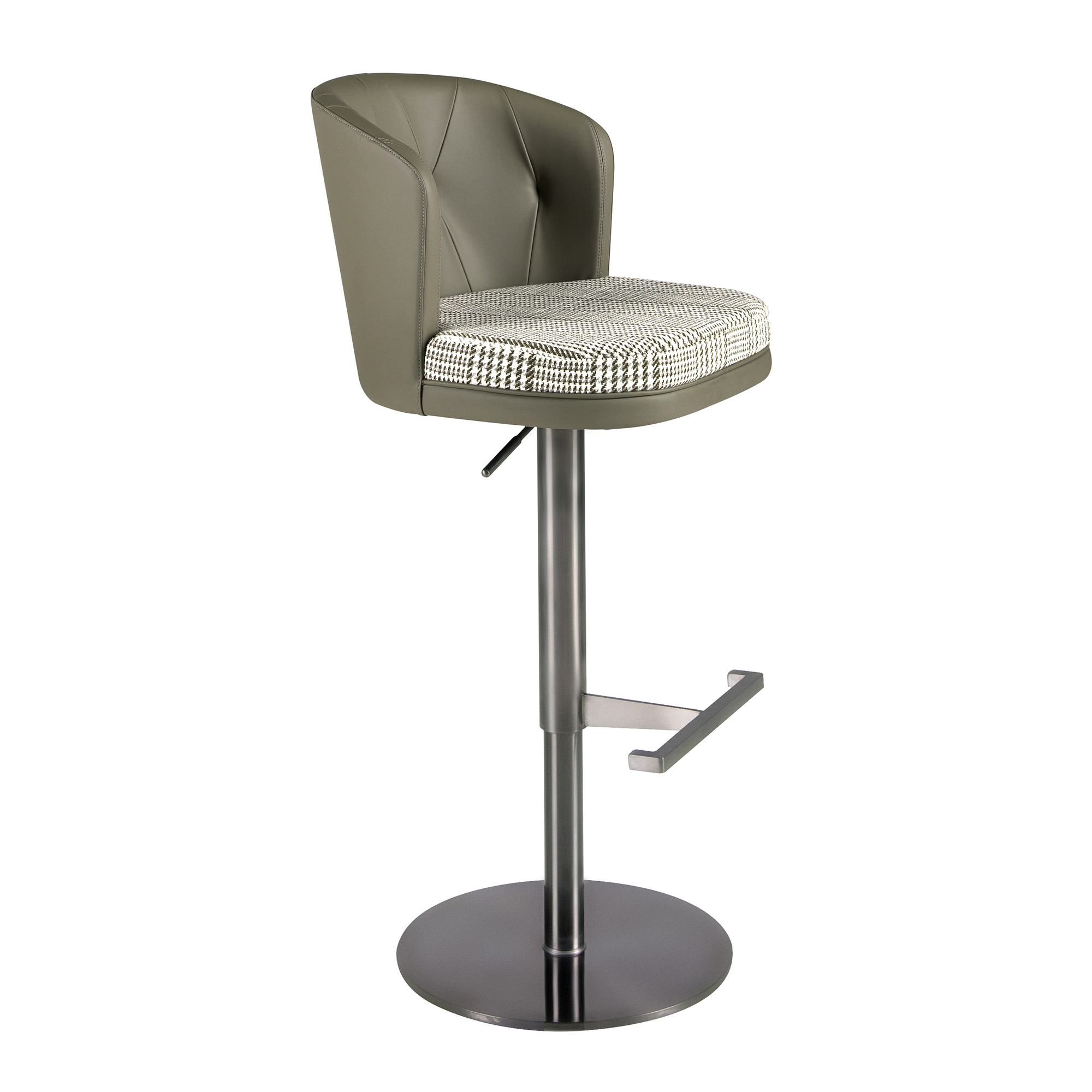 Sgabello girevole in tessuto verde scuro e bianco e similpelle verde oliva