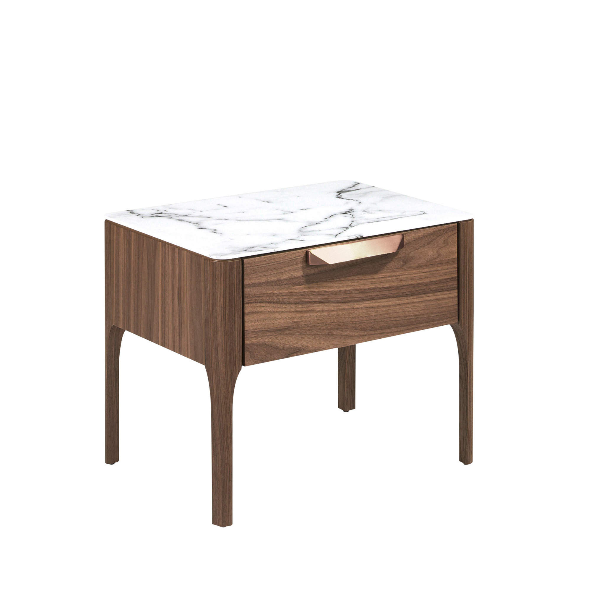 Table de chevet en noyer avec plateau en verre imitation marbre et éclairage intérieur Table de chevet en noyer avec plateau en verre imitation marbre et éclairage intérieur