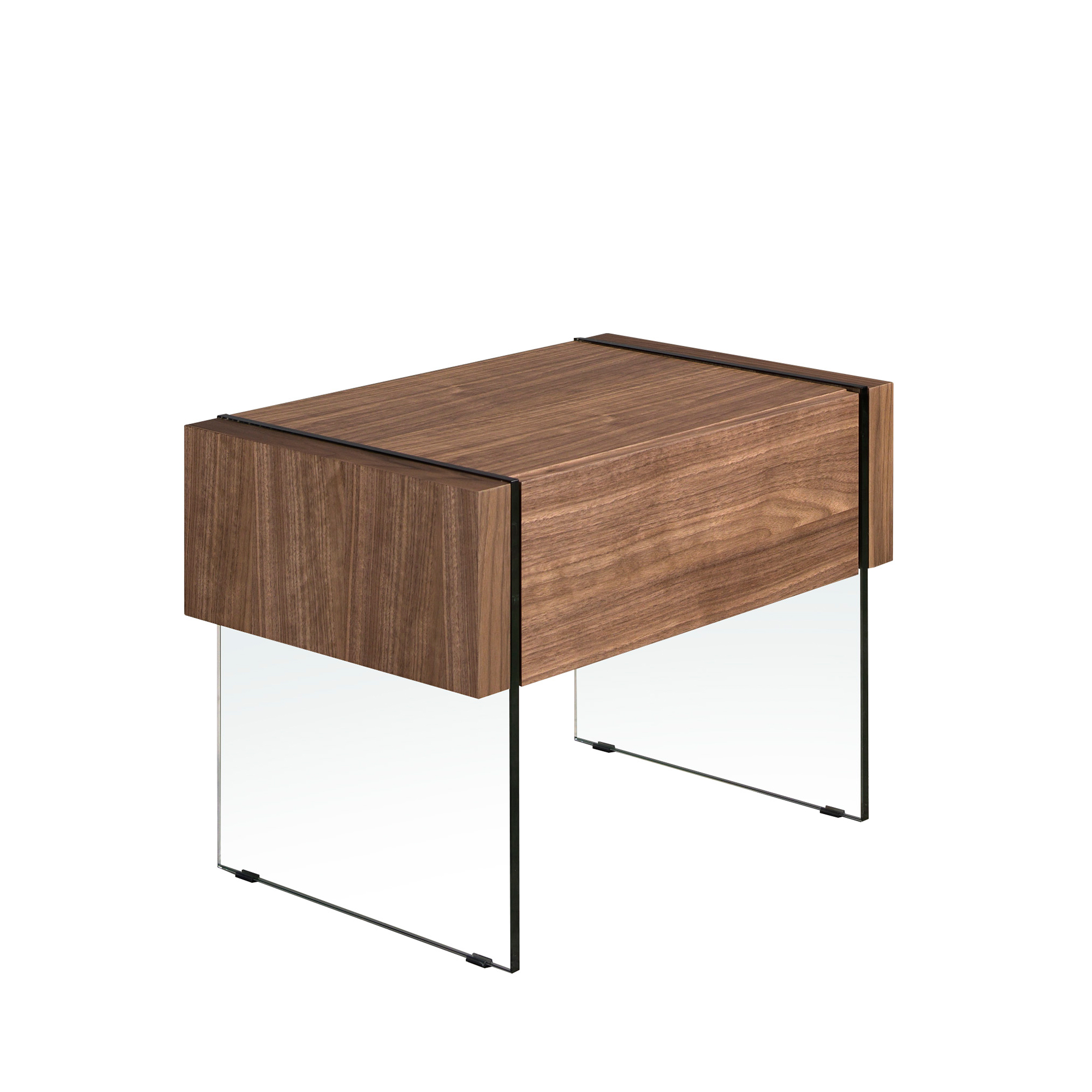 Table de chevet en bois de noyer et verre trempé